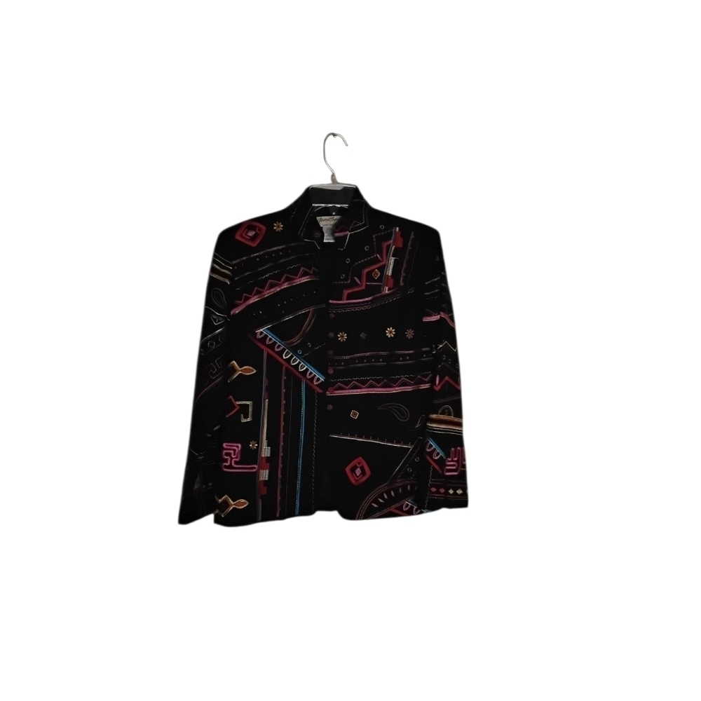 Norm Thompson Women's S Colorful Embroidered Button Black Silk Blend Jacket